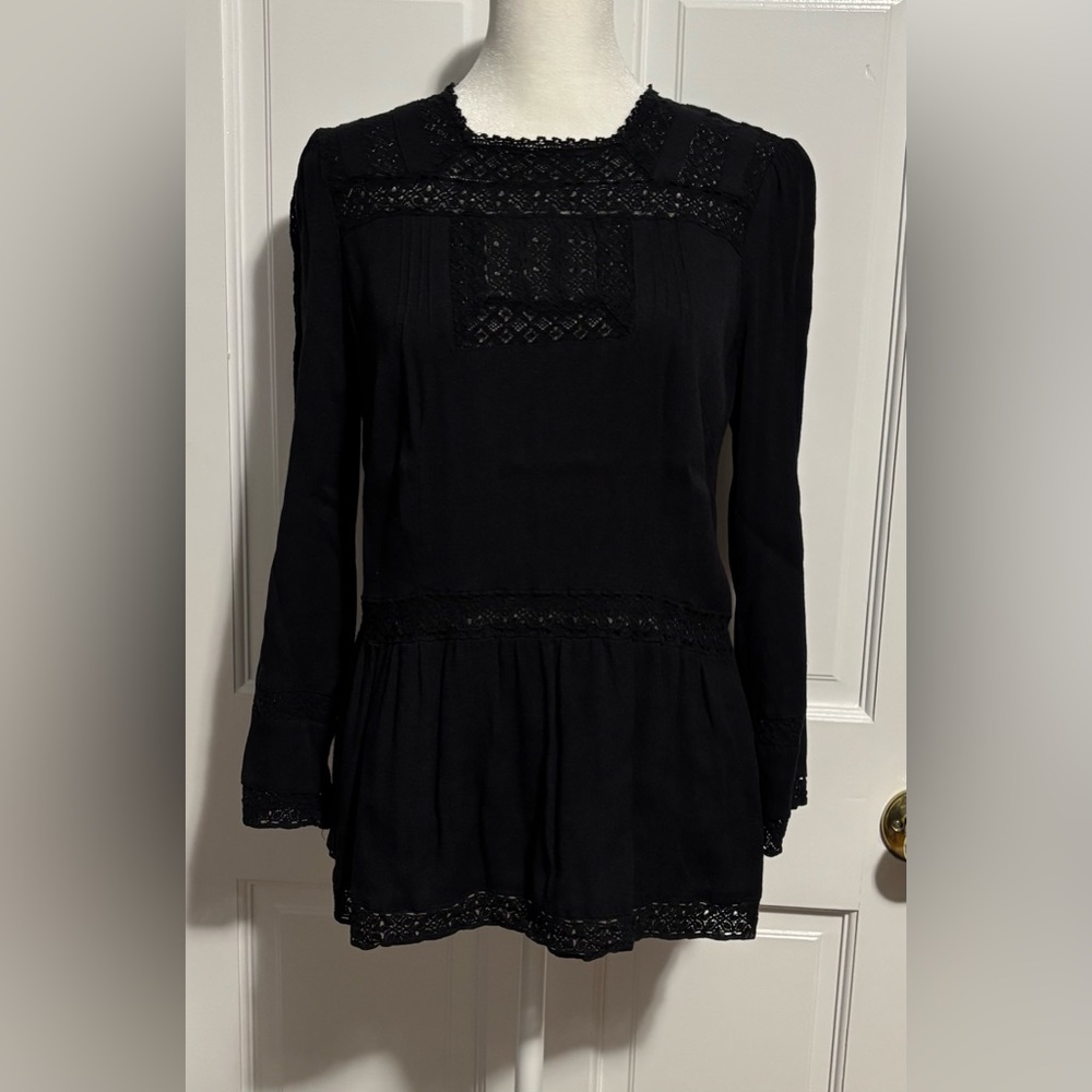 J.Crew Point Sur Elegant Black Lace Trim Women's Blouse Size 6